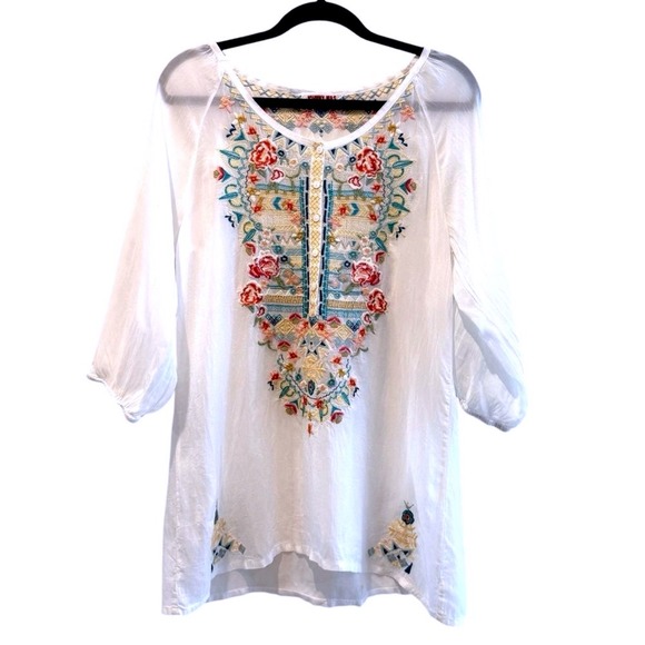 Johnny Was Tops - JOHNNY‎ WAS White Floral Embroidered 3/4 Sleeve Tunic Top Women's Size S